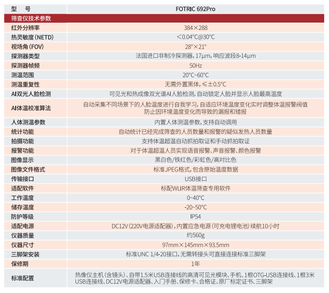 FOTRIC 692Pro全自动红外体温筛查仪技术参数